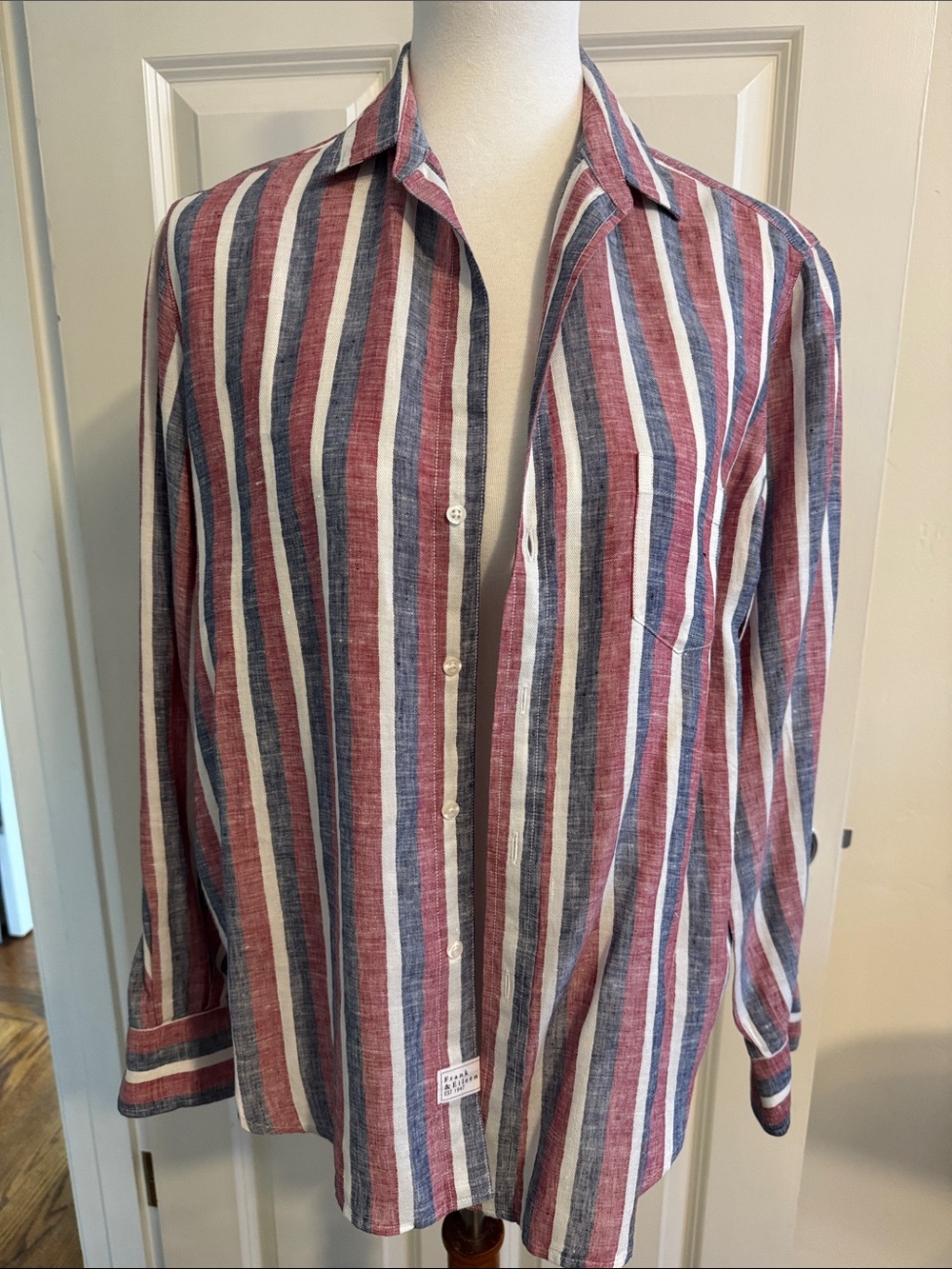Frank & Eileen Woman Red, Blue & White Striped LINEN Button-Up Shirt